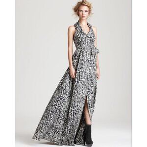 Rachel Zoe Silk Gown Dress Womens 6 Black White Animal Print Sasha Shawl Collar